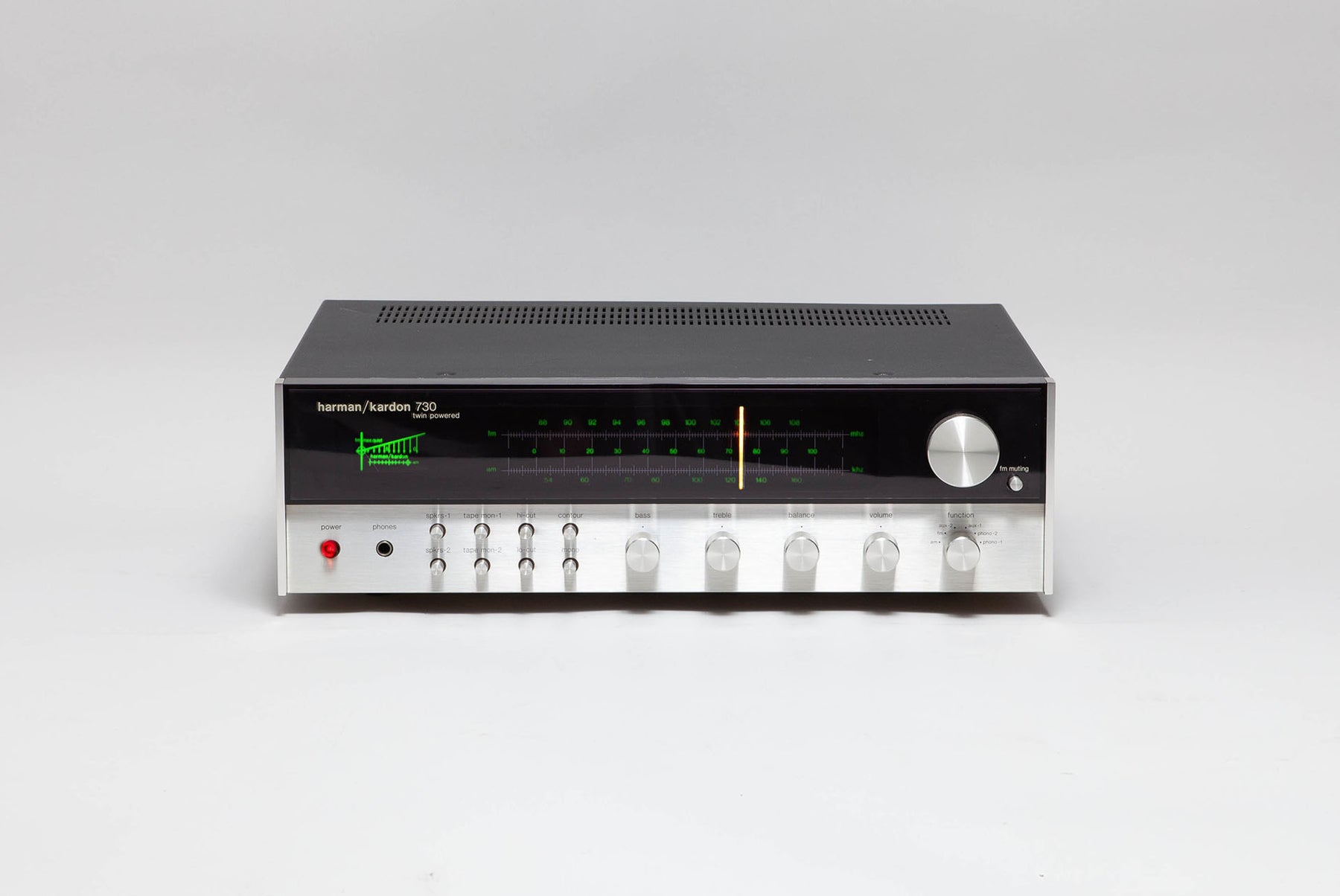Amplificateur Tuner Harman Kardon 730 allumé - Vue de face